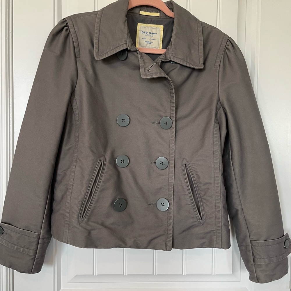 Old Navy Cropped double breasted pea coat style jacket Size L Gray cotton Lined